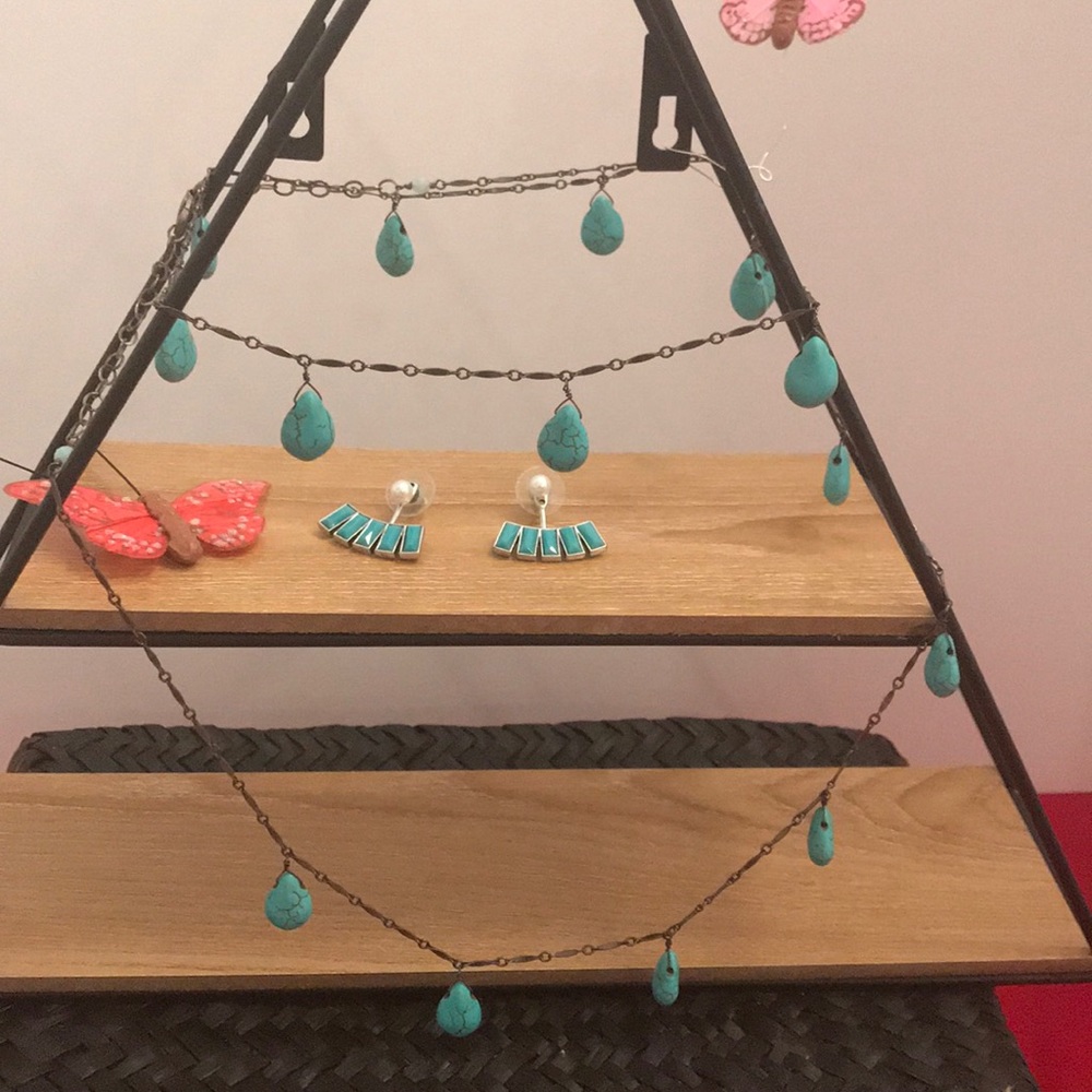 Long silver and turquoise necklace and earrings